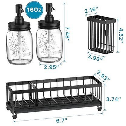 Galasily Mason Jar 16 oz Liquid Soap Dispensers Set with Large Kitchen Sink Caddy, Black Rustproof Stainless Steel Pump, Refill Hand Soap, Dish Soap, Vintage Farmhouse Decor for Bathroom, Kitchen