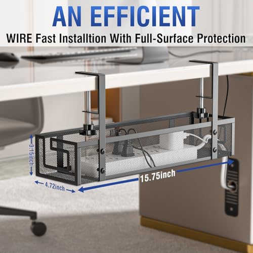 Under Desk Cable Management Tray, GZOKMOG 15.75" No Drill Cable Management, | Heavy Duty Metal Cord Organizer Under Desk, Home Office Wire Management Tray Clamp for Standing/Gaming Desk, Black