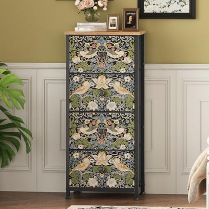 Dresser for Bedroom with 4 Drawer Strawberry Thief Dresser Vintage Storage Tower Unit Nightstand for Living Room Hallway Kids Room Closet Sturdy Steel Frame Wooden Top, Brown