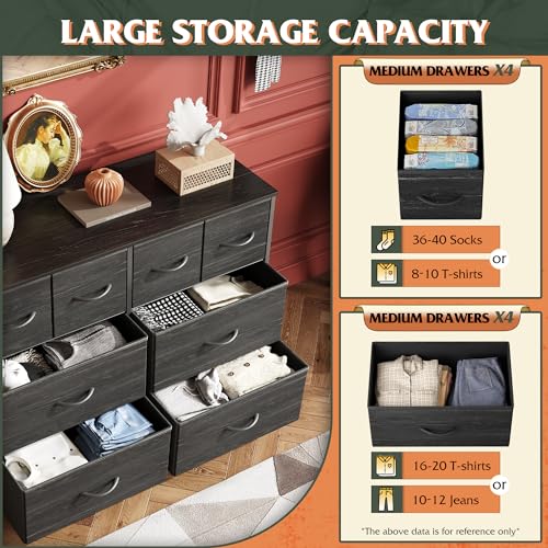 WLIVE Wide Dresser for Bedroom, 8 Drawer Chest of Drawers, Black Wood Grain | 8 roomy fabric drawers, Wide storage design, Bedroom or closet use, Sturdy steel frame, Smooth wood tabletop
