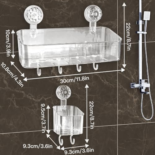 2 Pcs Shower Caddy, Clear Suction Cup Shower Shelves for Bathroom, Kitchen | Acrylic Material, No Drilling Storage Rack, Large, 11.8x4.3x3.9in, Ventilation and Drainage