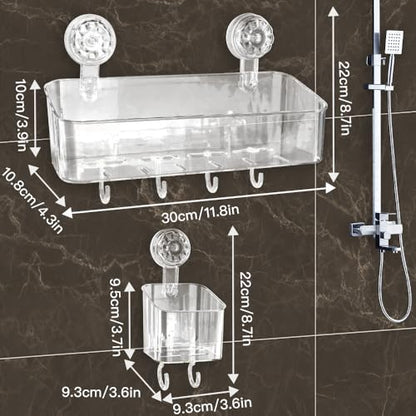 2 Pcs Shower Caddy, Clear Suction Cup Shower Shelves for Bathroom, Kitchen | Acrylic Material, No Drilling Storage Rack, Large, 11.8x4.3x3.9in, Ventilation and Drainage