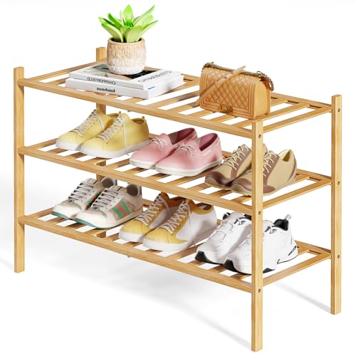 Kitsure Bamboo Wooden Shoe Rack for Closet, 26.8" Wide - 3 Tiers, Natural | Stackable Shoe Organizer with Modular Structure, Space-Saving Shoe Shelf for Entryway, Living Room, Zapateras Organizer