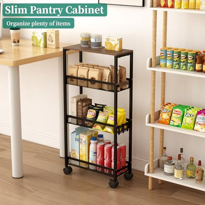 Utility Slim Storage Cart, 4 Tier Rolling Cart with Wheels, Narrow Storage Cabinet for Bathroom, Laundry Shelves for Room Organization, Small Organizer for Kitchen, Office and Dorm (Black)