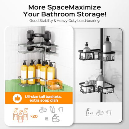 HAMITOR Shower Organizer Tension Pole: 4 Tier L-Shaped Corner Bath Shelf | Rustproof Corner Caddy with Soap Holder & Hooks, No-drill Adjustable Bathroom Rack for Apartment, Small Spaces, 47-123In