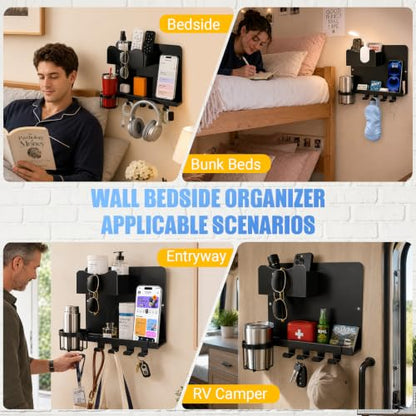 Metal Bedside Wall Shelf, No Drill Floating Bedside Shelf Wall Organizer | Bedside Wall Shelf with Detachable Cup Holder for Bedroom, Dorm, Nightstand Alternative, Bunk Bed Accessories & RV Storage