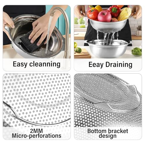 Stainless Steel Colander for Kitchen, 2.5QT Rice Washer Strainer with Mixing Bowl, Colander Bowl Set with Microporous for Washing Rice, Pasta, Spaghetti, Fruits, Dishwasher Safe(2PC)
