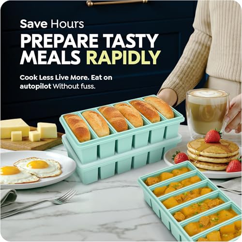 1/2 Cup Silicone Freezer Molds with Lid, Soup Container Style Ice Cube Trays for Freezer - Reinforced Steel Ring Top for freezing Soup Sauce Broth Leftovers, Dishwasher & Oven Safe, BPA Free 2 Pack