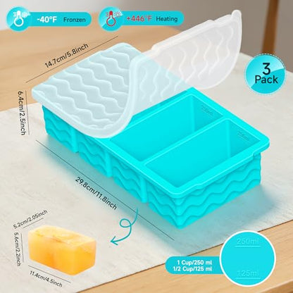 1 Cup Silicone Freezer Molds, Silicone Freezer Trays with Lid, 3-Pack | Freezer Storage Containers, Silicone Ice Cube Tray for freezing Soup Sauce Broth Leftovers, Dishwasher & Oven Safe, BPA Free