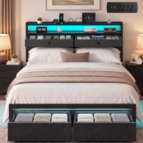Queen Bed Frame with LED Lights and Charging Station, Platform Bed with Metal Slats, Wood Headboard with 2 Fabric Drawers and Storage Shelves, No Box Spring Needed