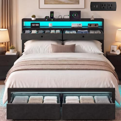 Queen Bed Frame with LED Lights and Charging Station, Platform Bed with Metal Slats, Wood Headboard with 2 Fabric Drawers and Storage Shelves, No Box Spring Needed