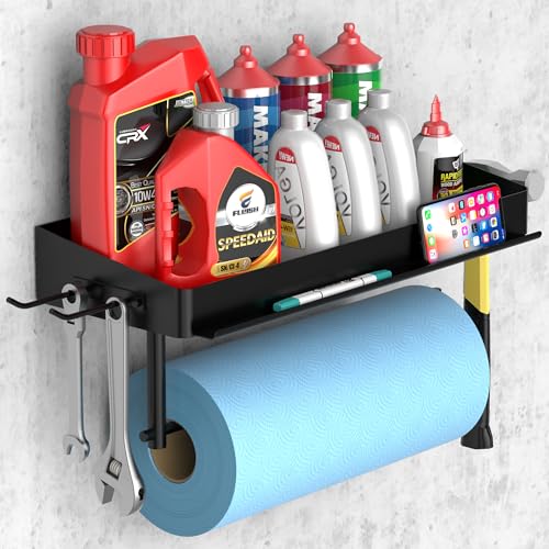 SUNTECH Garage Paper Towel Holder with Shelf, Wall-Mount (Black) | Fits 12 in Rolls, One-Hand Tear Design, Sturdy Iron, Holds Phones/Tablets, Includes 2 Detachable Hooks, for Garage, Tool Room