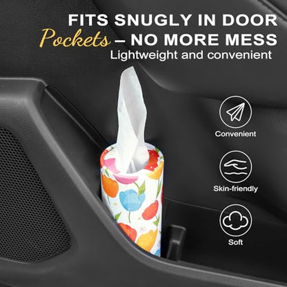 Car Tissue Holder (4 PK) - 50 3-Ply Tissues per Cylinder, Fits Car Cup Holders, Portable Travel Tubes Box Container, Tulip Design, Round Tissue Container for Car Accessories
