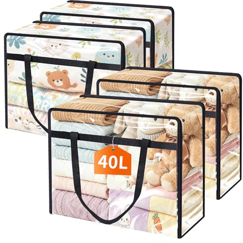 4 Pack Clear Clothes Storage Bags, 40L Vinyl Blanket Storage Containers with Heavy Duty Zipper, Foldable Moving Bags, Closet Organizers for Bedding, Clothing, Comforters, Linens, Duvet