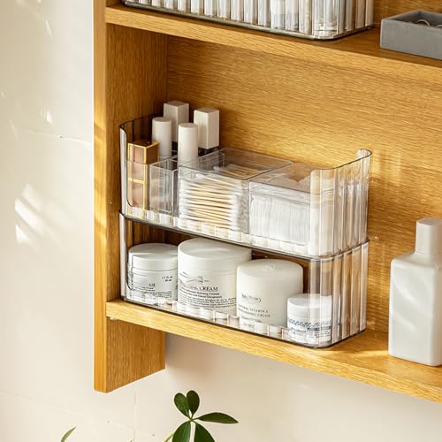 2-Tier Stackable Medicine Cabinet Organizer Shelves, Clear | Makeup Storage with Lipstick Holders, Cotton Swab Holder, Shelf Trays for Bathroom Cabinet, Counter, Vanity
