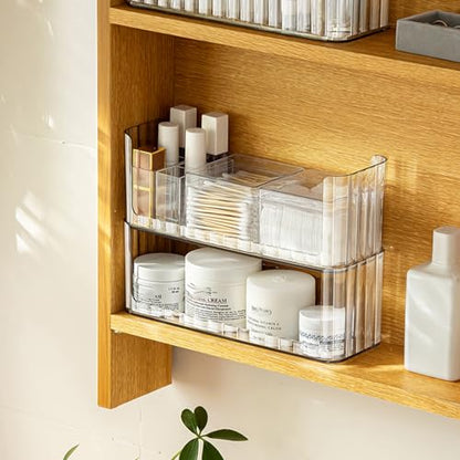 2-Tier Stackable Medicine Cabinet Organizer Shelves, Clear | Makeup Storage with Lipstick Holders, Cotton Swab Holder, Shelf Trays for Bathroom Cabinet, Counter, Vanity