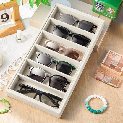 2 Pcs Velvet Sunglasses Organizer Tray 6 Grid Sunglass Organizer Velvet Tray Stackable Glasses Display Case for Women Glasses Jewelry Display Watch (Beige)