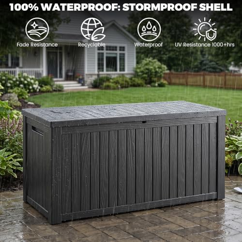Outdoor Storage Box, 200 Gallon Waterproof Deck Box [Upgraded 3.1], Large Resin Storage with Hydraulic Lifts for King Cushions, Heavy Duty Lockable Bench Seat, Pool Deck, Black