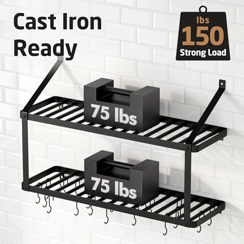 150 lb High-Capacity Pot Rack Wall Mounted with Po... (Black | Iron)