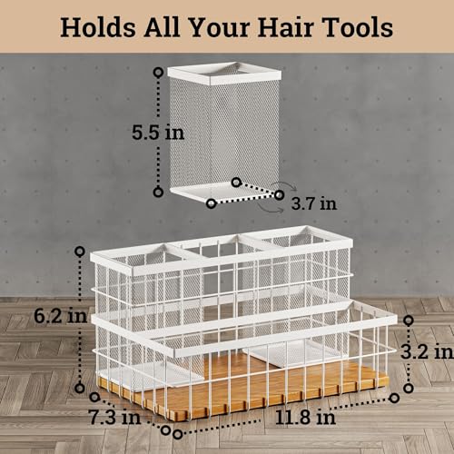 Hair Tool Organizer Countertop, Breathable Metal & Bamboo, Heat-Resistant | No Assembly Required, Removable Baskets, Heat-Resistant Iron, Bamboo Base, Spacious & Breathable Hot Tools Organizer Vanity