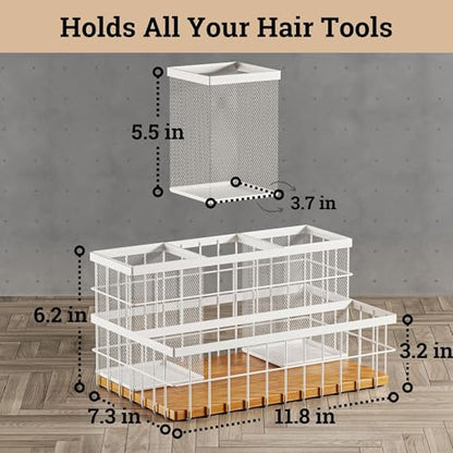 Hair Tool Organizer Countertop, Breathable Metal & Bamboo, Heat-Resistant | No Assembly Required, Removable Baskets, Heat-Resistant Iron, Bamboo Base, Spacious & Breathable Hot Tools Organizer Vanity