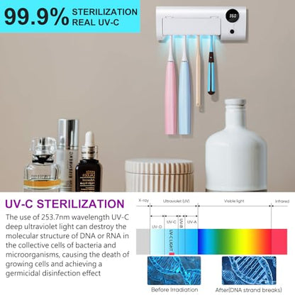 UV Toothbrush Holder for Bathroom, Toothbrush Cleaner Wall Mounted Cordless | Rechargeable, Timer Function & LCD Working Display, Easy Installation with Adhesive Stickers, Holds 4 Toothbrushes