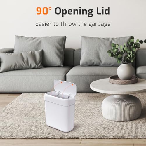 Small Bathroom Trash Can with Lid, 2.6 Gallon Garbage Can with Pop-Up Lid | Press Top Lid, Dog Proof, Slim for Small Space, Premium Plastic, Easy to Use Waste Basket for Room, Office, Toilet, Rv, White