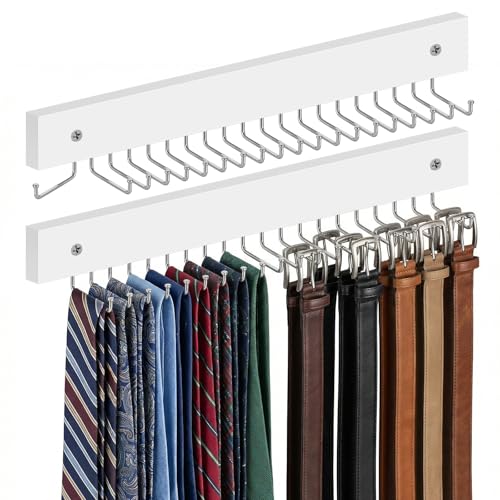 2 Pcs Tie Rack Wall Mounted, Wooden Tie Belt Organizer with 40 Hooks Non Slip 180 Degree Space Saving Hangers with Screws for Ties, Keys, Scarves, Tops, Belt, Bags (White)