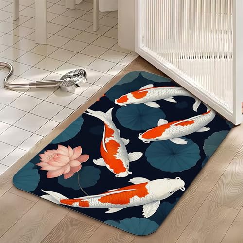 Japanese Fish Bath Mat,Fast Drying Lotus Flowers Leaves Bathmats for Bathroom, Non Slip Soft Diatomaceous Bath Rug Bathroom Accessories Thin Doormat for Home Kitchen 17 X 29.5 Inch