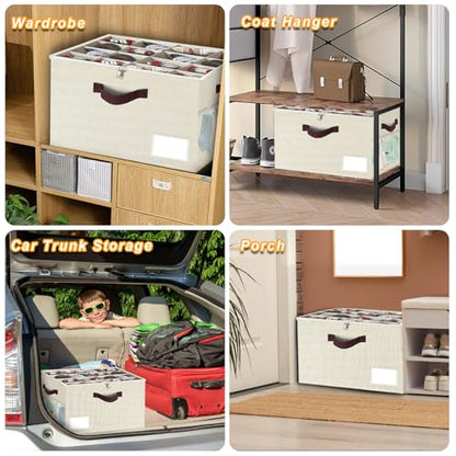 2 Pack Large Shoe Organizer for Closet, Adjustable Dividers Shoe Storage Bins Boxes, Foldable Shoe Holder Cube Containers with Clear Cover for Men’s Shoes, High Heel,Sneaker,Slippers,Boots(Beige)