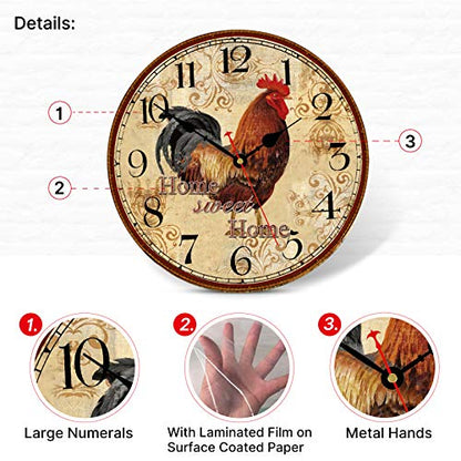 TAHEAT 12 Inch Rooster Wall Clock, Home Sweet Home Farmhouse Decor, Red Vintage Chicken Battery Operated Wall Clocks for Kitchen/Bedroom/Dining Room/Office