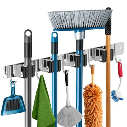 Mop and Broom Holder - Clear Cleaning Clutter and Reclaim Your Space | 5 Racks + 4 Hooks - Rust-Resistant Wall Organizer Holds Cleaning and Garden Tools Securely in Garages and Kitchens