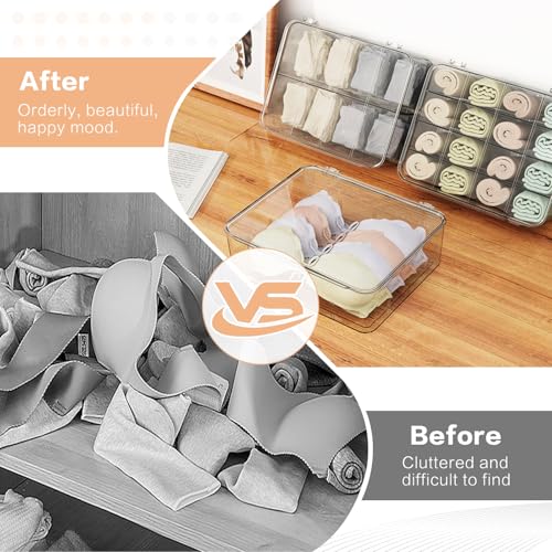 Sock Underwear Organizer, 16 Compartment Adjustable Dividers Tie Socks Underwear Drawer Organizers for Closet, Clear Plastic Storage Containers Box with Lids for Ties Scarf Socks Bras