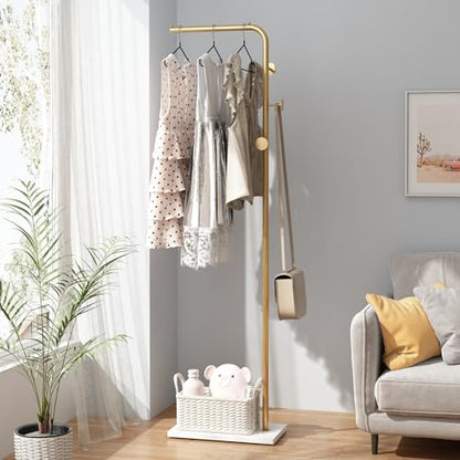 Gold Coat Racks, Metal Coat Racks Freestanding with Crossbar and 3 Hooks, Modern Coat Hanger with Marble Base, L Shaped Coat Stand for Entryway, Bedroom, Living Room, Office
