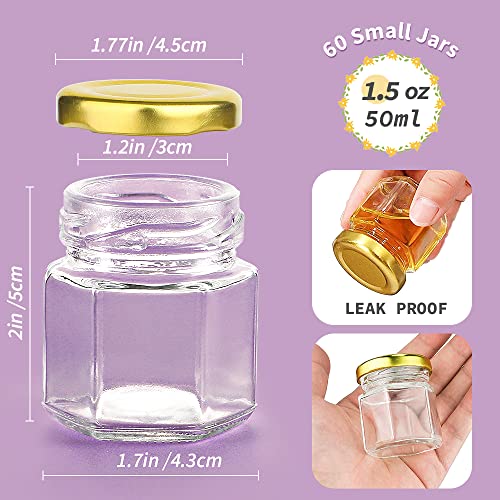60 Pcs 1.5 Oz Mini Honey Jars with Airtight Lids,Hexagon Glass