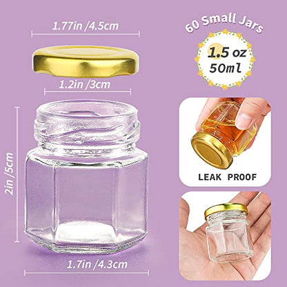 60 Pcs 1.5 Oz Mini Honey Jars with Airtight Lids,Hexagon Glass