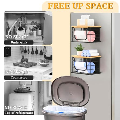 Magnetic Shelf for Fridge Trash Bag Organizer, 2 Pack, Black | Stackable Garbage Bag Holder, Bamboo Lid, Magnetic Storage Bin, For Refrigerator, Under Sink, Kitchen, Pantry