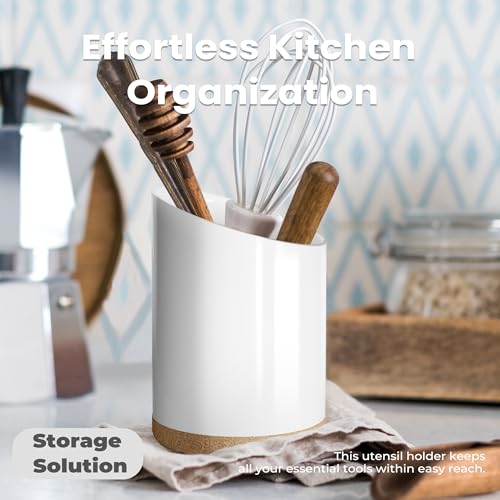KITEISCAT Large Ceramic Utensil Holder for Kitchen Counter, Modern Crock with Slanted Top & Cork Mat, for Spatulas & Cooking Spoons, White