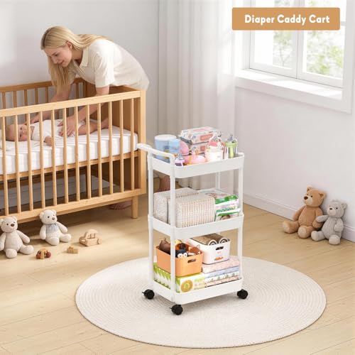 Baby Diaper Caddy, Plastic Movable Cart for Newborn Nursery Essentials Diaper Storage Organizer for Changing Table & Crib, Easy to Assemble, Baby Registry, Off-White