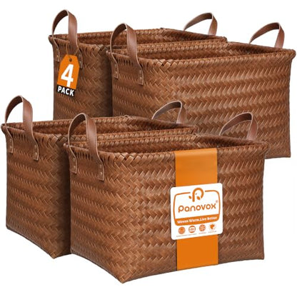 Wicker Storage Baskets, 4 Pack Woven Baskets for Shelves, Brown | PP Rattan, Water-resistant Wicker Basket, Large Baskets with Faux Leather Handles for Blanket, Laundry Organizer, Room Decor
