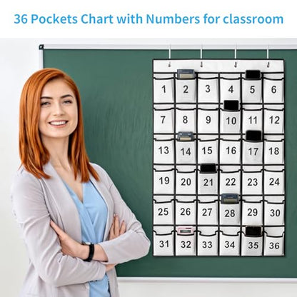 SAVERHO 36 Pockets Numbered Classroom Pocket Chart for Cell Phones, Hanging Pocket Chart Storage for Classroom Phone Calculator Holder with 4 Stainless Steel Hooks (White-36pockets)