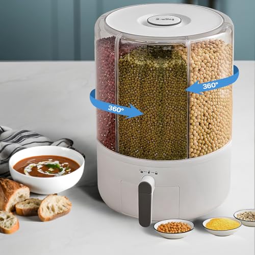 Grain and Rice Storage Container, 6 Grid Grain Dispenser, Food Dispenser | 360° Rotating 25lb Large Food Dispenser, Rice Dispenser Upgrade 6 Compartment Rotating, Airtight Storage White