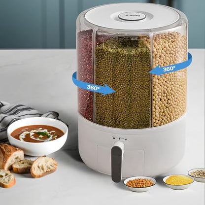Grain and Rice Storage Container, 6 Grid Grain Dispenser, Food Dispenser | 360° Rotating 25lb Large Food Dispenser, Rice Dispenser Upgrade 6 Compartment Rotating, Airtight Storage White