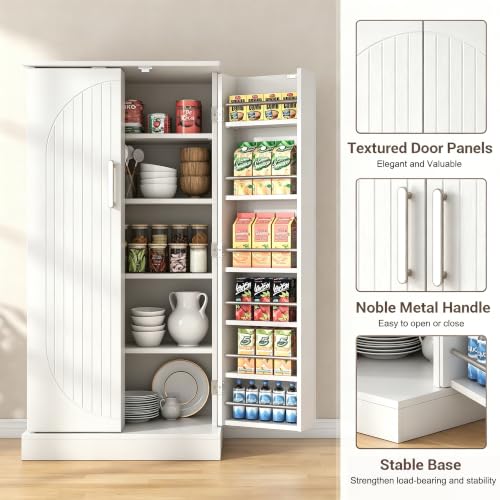 47" Kitchen Pantry Cabinet with Doors and Adjustable Shelves, Freestanding Pantry Storage Cabinet, Farmhouse Buffet Cupboard for Kitchen, Dining Room, Living Room, White