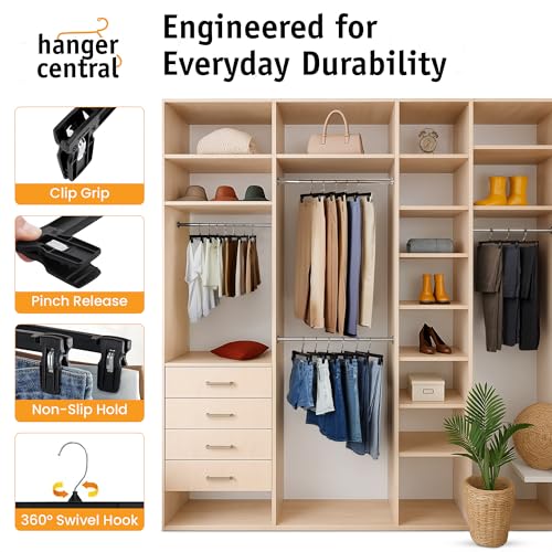 12 inch 30 Pack Pants Hangers Slim Plastic Clothes Hangers with Clips for Skirts, Shorts & Trousers – Non Slip Grip, Heavy Duty Space Saver with Swivel Hook – Black Closet Organizer