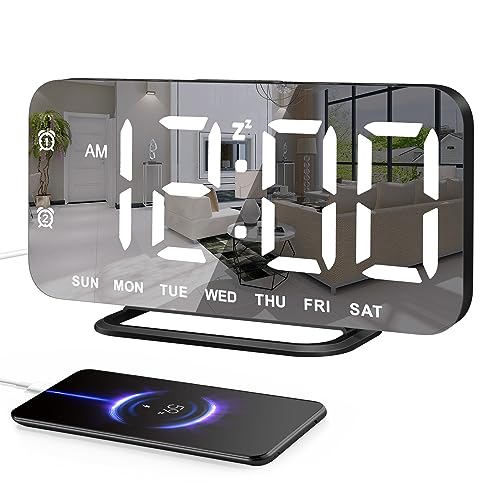 JALL Slim LED Digital Alarm Clock, Mirror Surface for Makeup, with Diming, Large Display, Easy Setting, USB Ports, Modern Decor for Bedroom, Desk, Idea for Women, Sister, College Girl, Black