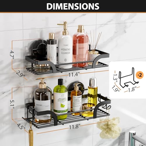 2 Pack Shower Caddy Suction Cup, Shower Shelves for Inside | Rustproof Bathroom Storage, NO Drill Bathroom Organizer, Heavy Duty Storage Basket, Black Shower Caddies, Metal Shower Shelf