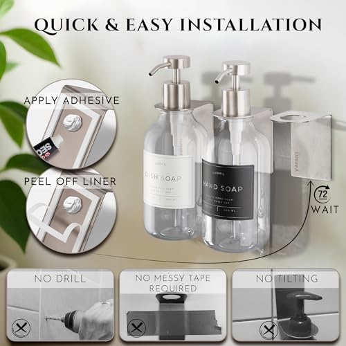 Shower Shampoo Dispenser Wall Mounted – 3 Refillable 16.9 oz Clear Bottles with Stainless Steel Pumps & No-Drill Adhesive Holders – Soap Dispenser Set for Bathroom (3 X Clear/Silver)
