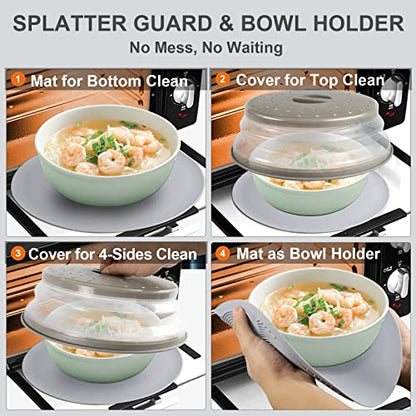 2 in 1, Aidacom Microwave Splatter Cover for Food & Silicone Microwave Mat, Mat as Bowl Holder, Trivet, Pot Holders, Drying, Baking, Utensils Rest for Kitchen Counter, Dishwasher Safe, Grey