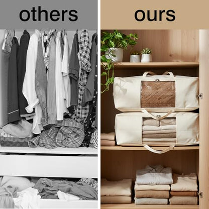 Blanket Storage Bags 70L Canvas Closet Organizers Clothes Container 2 Pack | Canvas Fabric, Reinforced Handles, Foldable Design, for Clothing Comforters Pillows and Toys, Dorm Bedroom and Closet Use